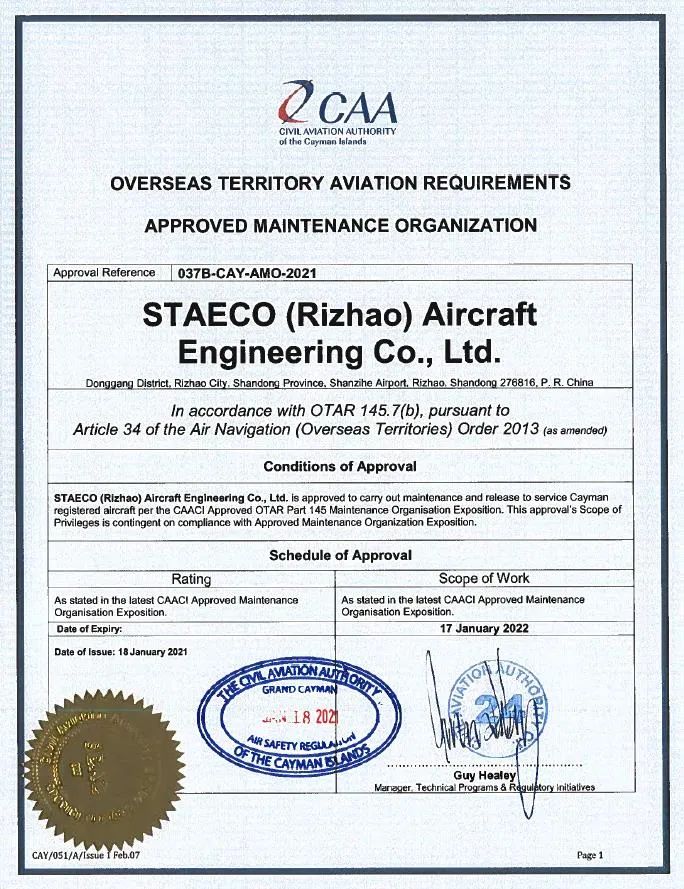 STAECO(Rizhao) Aircraft Engineering Co., Ltd. Is Approved to Carry out Maintenance and Release to Service Cayman Registered Aircraft Per the CAACI Approved OTAR Part 145 Maintenance Organization Exposition